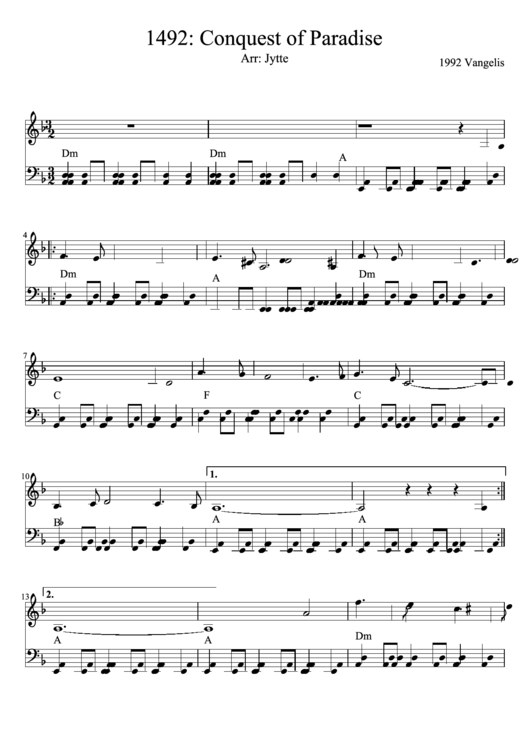 1492: Conquest Of Paradise Piano Sheet Music Printable pdf