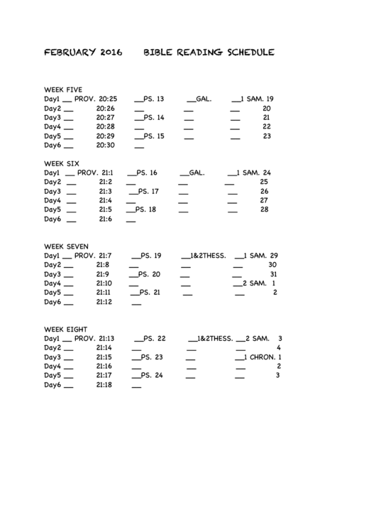 February 2016 Bible Reading Schedule Printable pdf
