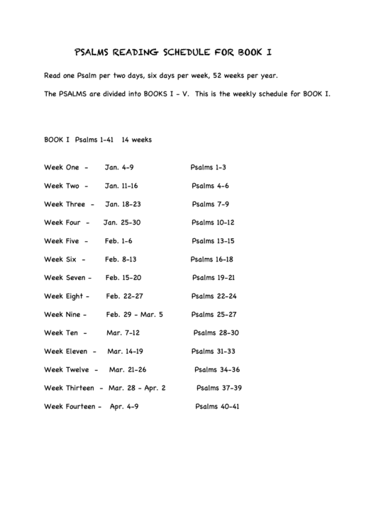 Psalms Reading Schedule For Book I Printable pdf