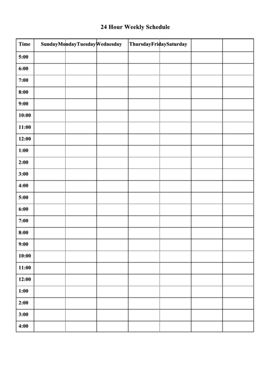 24 Hour Weekly Schedule Template Printable pdf