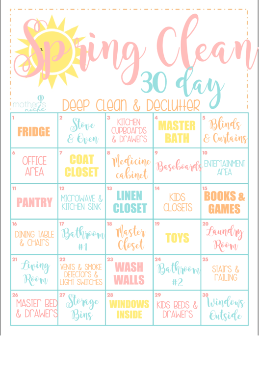 The 30 Day Spring Cleaning Chart - Deep Clean & Declutter Printable pdf
