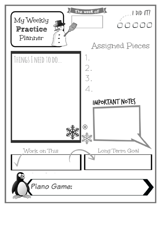 Weekly Practice Planner For Kids Snowman Printable pdf