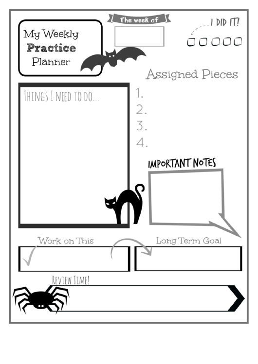 Weekly Practice Planner For Kids Bat Printable pdf