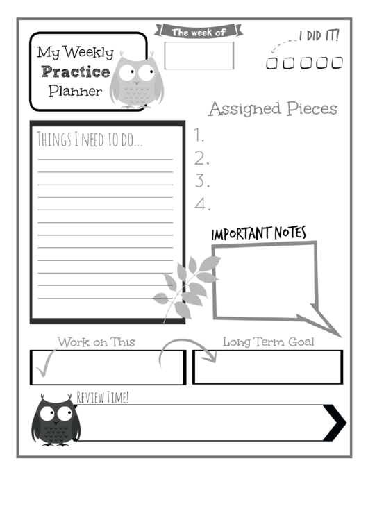 Weekly Practice Planner For Kids Owl Printable pdf