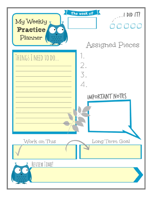 Weekly Practice Planner For Kids Blue Owl Printable pdf