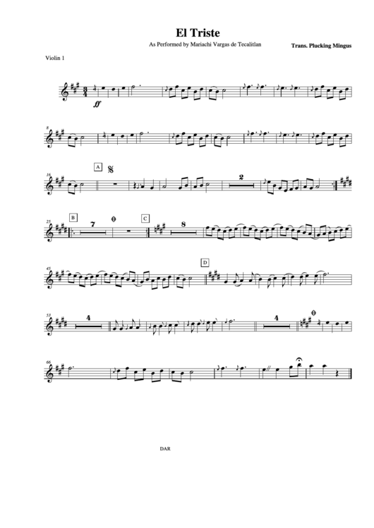 El Triste As Performed By Mariachi Vargas De Tecalitlan Violin Printable pdf