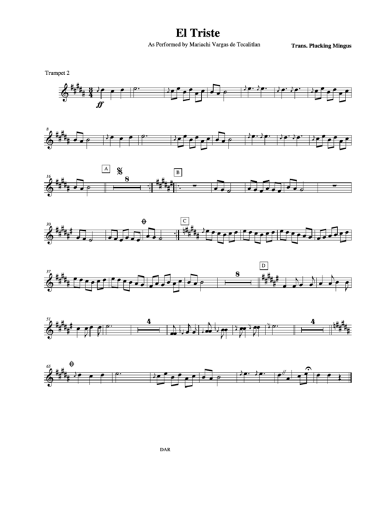 El Triste As Performed By Mariachi Vargas De Tecalitlan Trumpet 2 Printable pdf