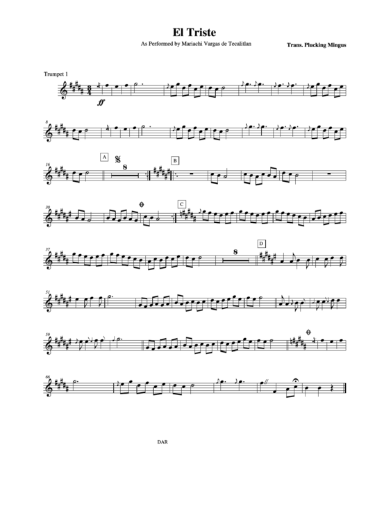 El Triste As Performed By Mariachi Vargas De Tecalitlan Trumpet 1 Printable pdf