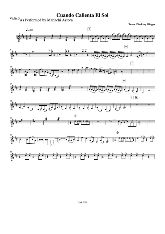 Cuando Calienta El Sol As Performed By Mariachi Azteca Violin 3 Printable pdf