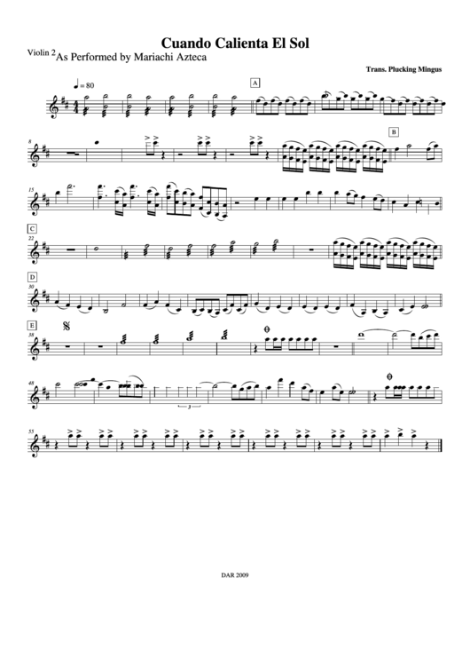 Cuando Calienta El Sol As Performed By Mariachi Azteca Violin 2 Printable pdf