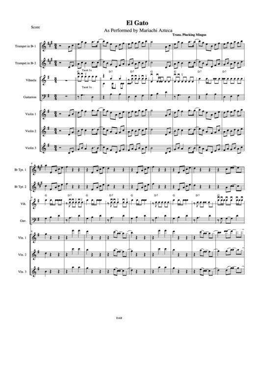 El Gato Score As Performed By Mariachi Azteca Printable pdf