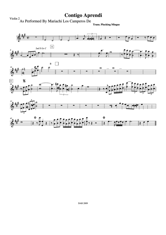 Contigo Aprendi As Performed By Mariachi Los Camperos De Pr Violin 2 Printable pdf