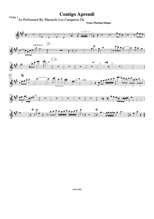 Contigo Aprendi As Performed By Mariachi Los Camperos De Pr Violin 1 Printable pdf