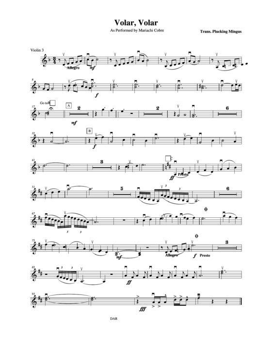 Volar Volar As Performed By Mariachi Cobre Violin 3 Printable pdf