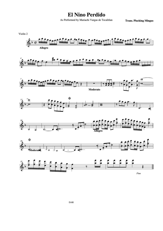 El Nino Perdido As Performed By Mariachi Vargas De Tecalitlan Violin 2 Printable pdf