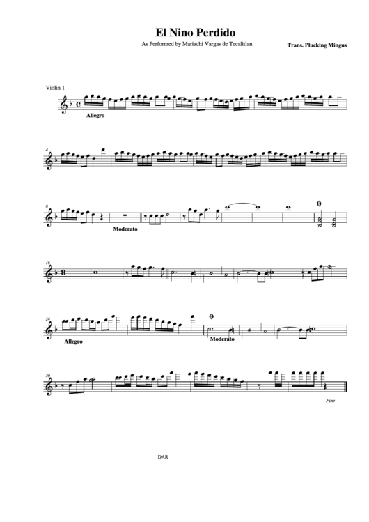 El Nino Perdido As Performed By Mariachi Vargas De Tecalitlan Violin 1 Printable pdf