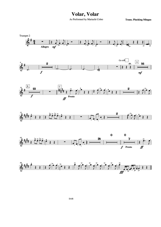 Volar Volar As Performed By Mariachi Cobre Trumpet 2 Printable pdf