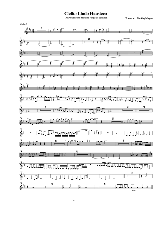 Cielito Lindo Huasteco As Performed By Mariachi Vargas De Tecalitlan Violin 3 Printable pdf