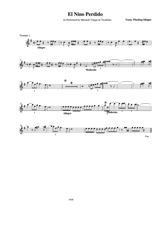 El Nino Perdido As Performed By Mariachi Vargas De Tecalitlan Trumpet 1 Printable pdf