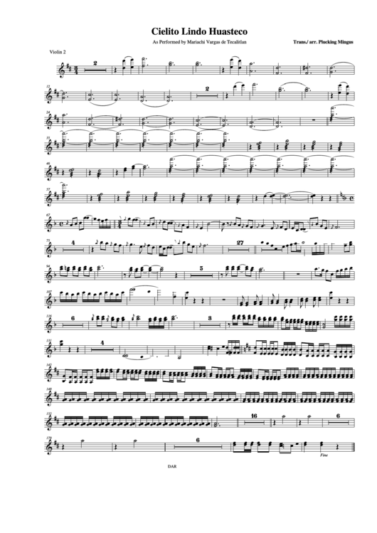 Cielito Lindo Huasteco As Performed By Mariachi Vargas De Tecalitlan Violin 2 Printable pdf