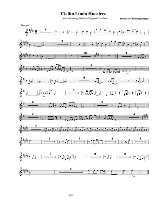 Cielito Lindo Huasteco As Performed By Mariachi Vargas De Tecalitlan Trumpet 2 Printable pdf