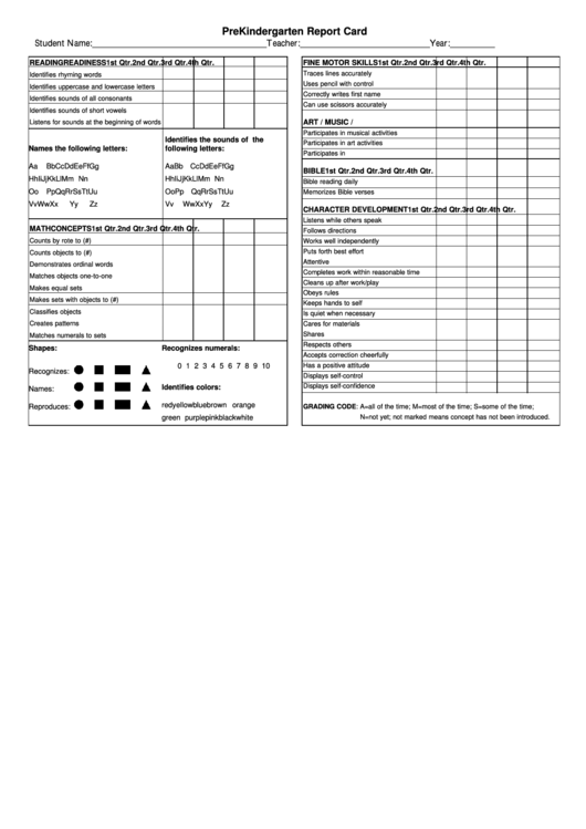 Pre-Kindergarten Report Card Printable pdf