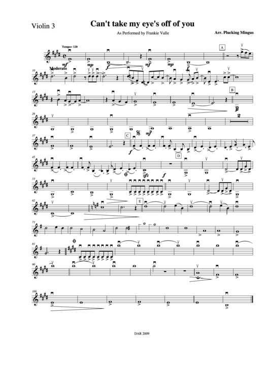 Cant Take My Eyes Off Of You As Performed By Frankie Valle Violin 3 Printable pdf
