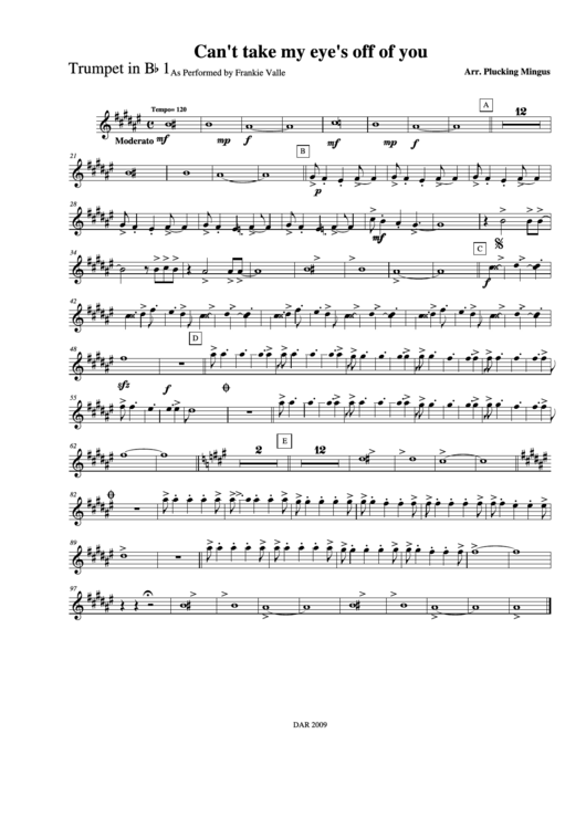 Cant Take My Eyes Off Of You As Performed By Frankie Valle Trumpet In Bb 1 Printable pdf