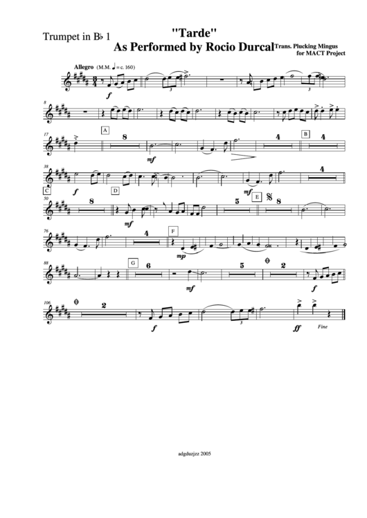 Tarde - Performed By Rocio Durcal (Trumpet In Bb 1) Printable pdf