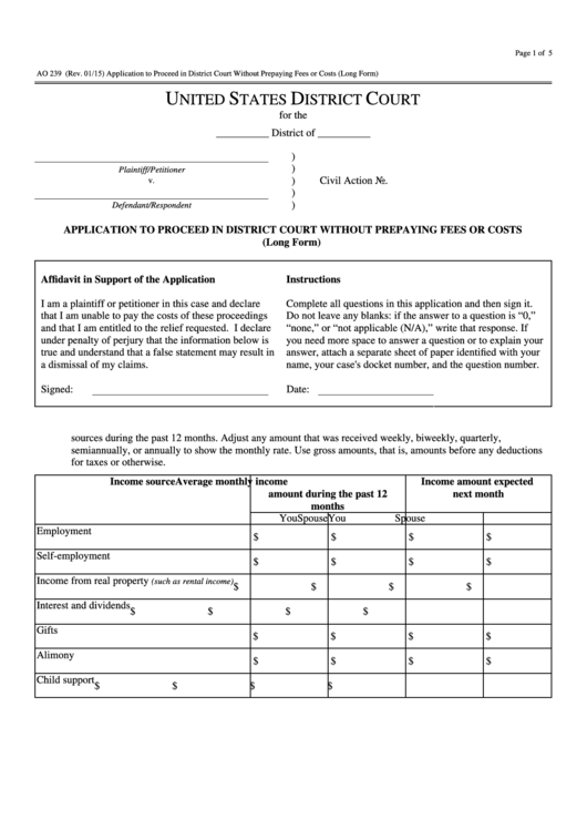 Fillable Application To Proceed In District Court Without Prepaying Fees Or Costs Printable pdf