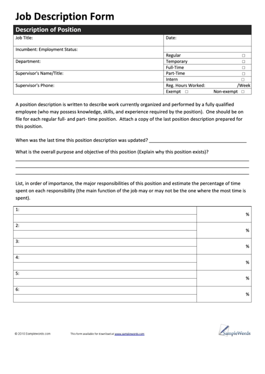 Job Description Form Printable pdf