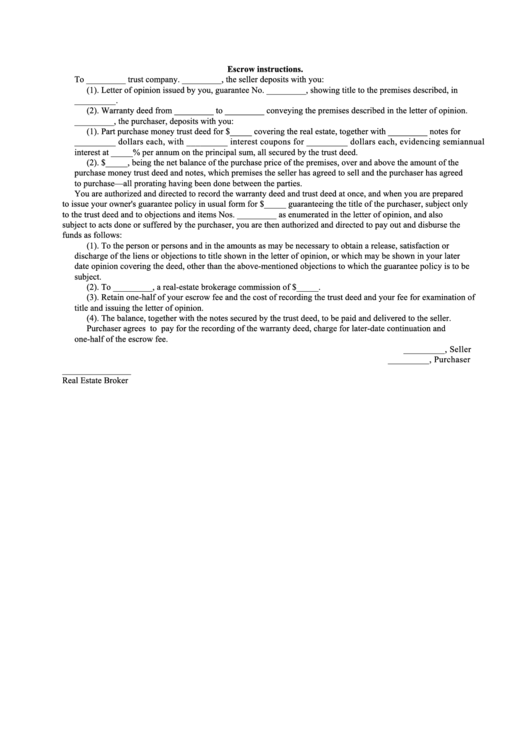 Escrow Instructions Form Printable pdf