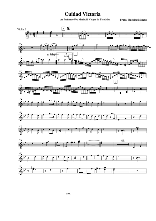 Cuidad Victoria As Performed By Mariachi Vargas De Tacalitlan Violin 2 Printable pdf