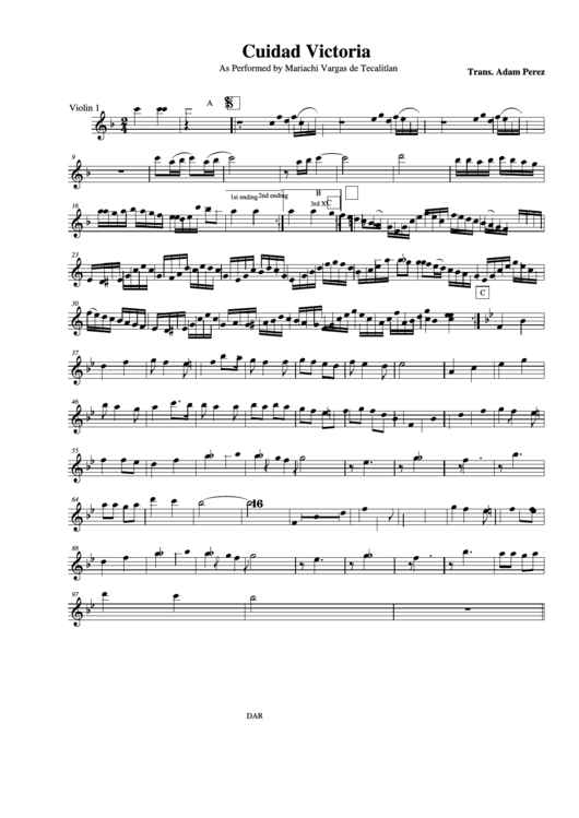 Cuidad Victoria As Performed By Mariachi Vargas De Tecalitlan Violin 1 Printable pdf