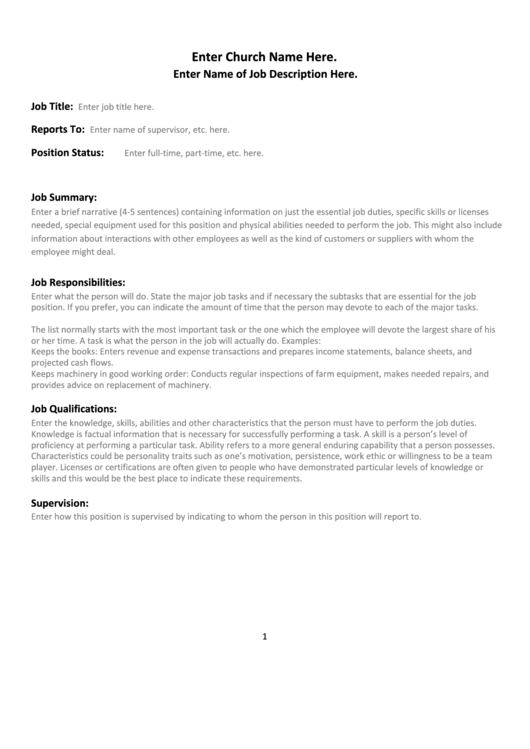 Job Description Sample Form (Blank) Printable pdf
