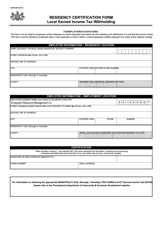 Fillable Residency Certification Form Printable pdf