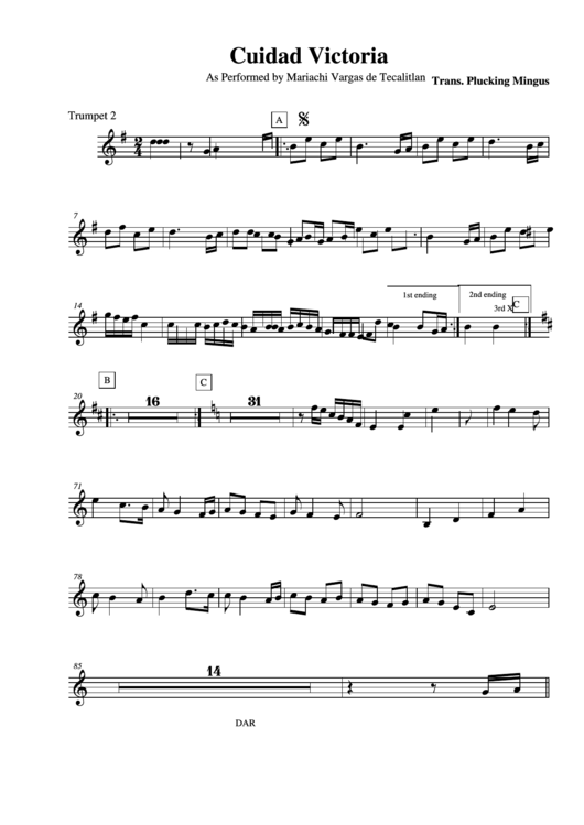 Cuidad Victoria As Performed By Mariachi Vargas De Tecalitlan Trumpet 2 Printable pdf