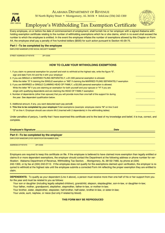 Form A4 - Alabama Employee's Withholding Tax Exemption Certificate Template (yellow)