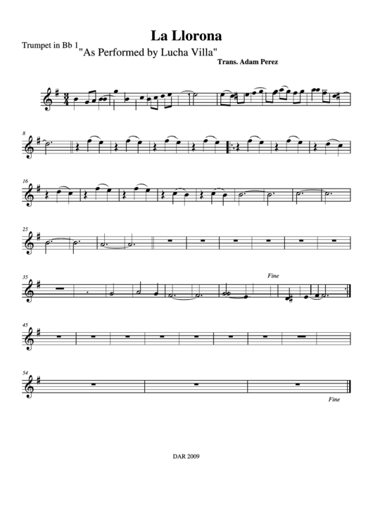 La Llorona As Performed By Lucha Villa Trumpet In Bb 1 Printable pdf