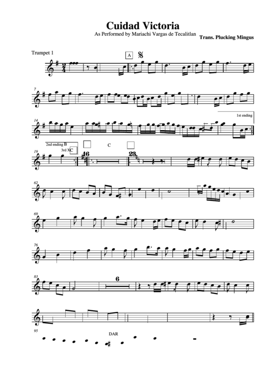 Cuidad Victoria As Performed By Mariachi Vargas De Tecalitlan Trumpet 1 Printable pdf