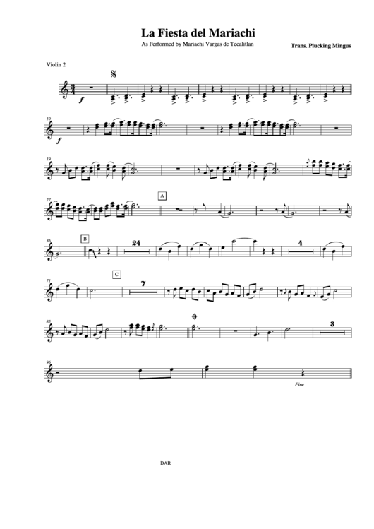 La Fiesta Del Mariachi As Performed By Mariachi Vargas De Tecalitlan Violin 2 Printable pdf