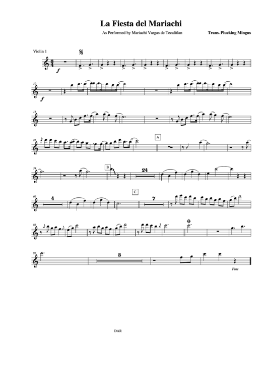 La Fiesta Del Mariachi As Performed By Mariachi Vargas De Tecalitlan Violin 1 Printable pdf