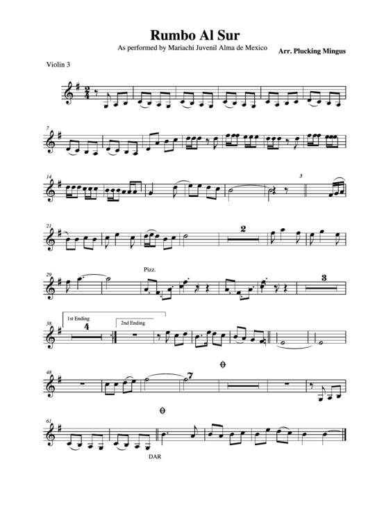 Rumbo Al Sur As Performed By Mariachi Juvenil Alma De Mexico Violin 3 Printable pdf