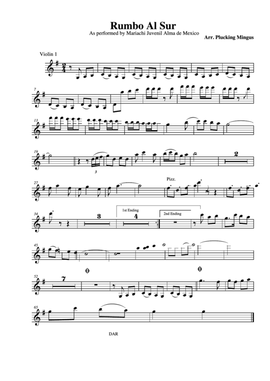 Rumbo Al Sur As Performed By Mariachi Juvenil Alma De Mexico Violin 1 Printable pdf