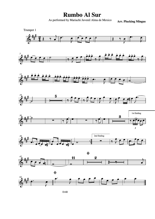 Rumbo Al Sur As Performed By Mariachi Juvenil Alma De Mexico Trumpet 1 Printable pdf