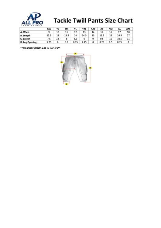 All Pro Tackle Twill Pants Size Chart Printable pdf