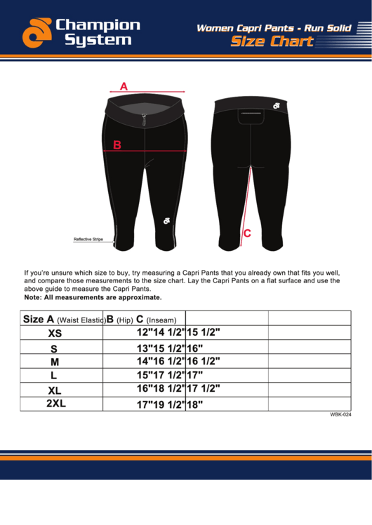 Champion System Women Capri Pants - Run Solid Size Chart Printable pdf
