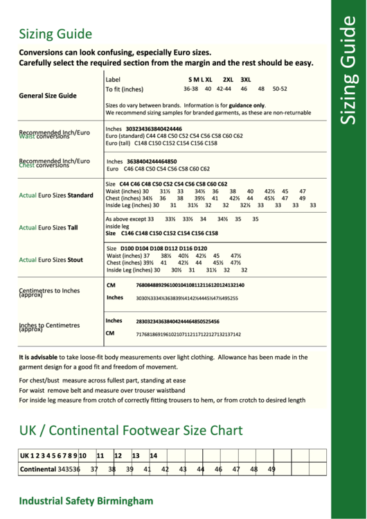 Industrial Safety Birmingham General Size Guide Printable pdf