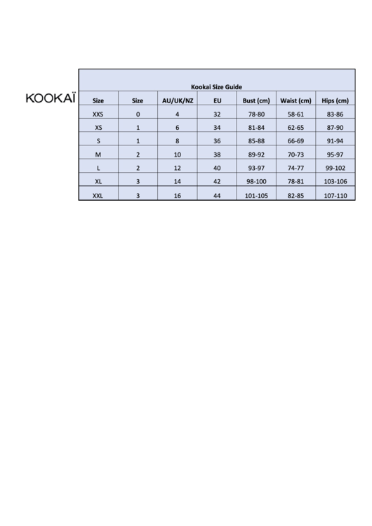 Kookai European Size Chart Printable pdf
