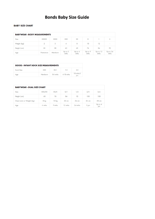 Bonds Baby Size Guide Printable pdf